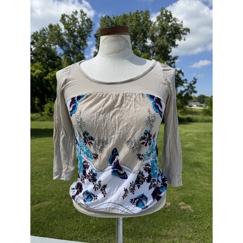 Y2K Free People Butterfly Blouse Boho Hippie 3/4 Sleeve Small